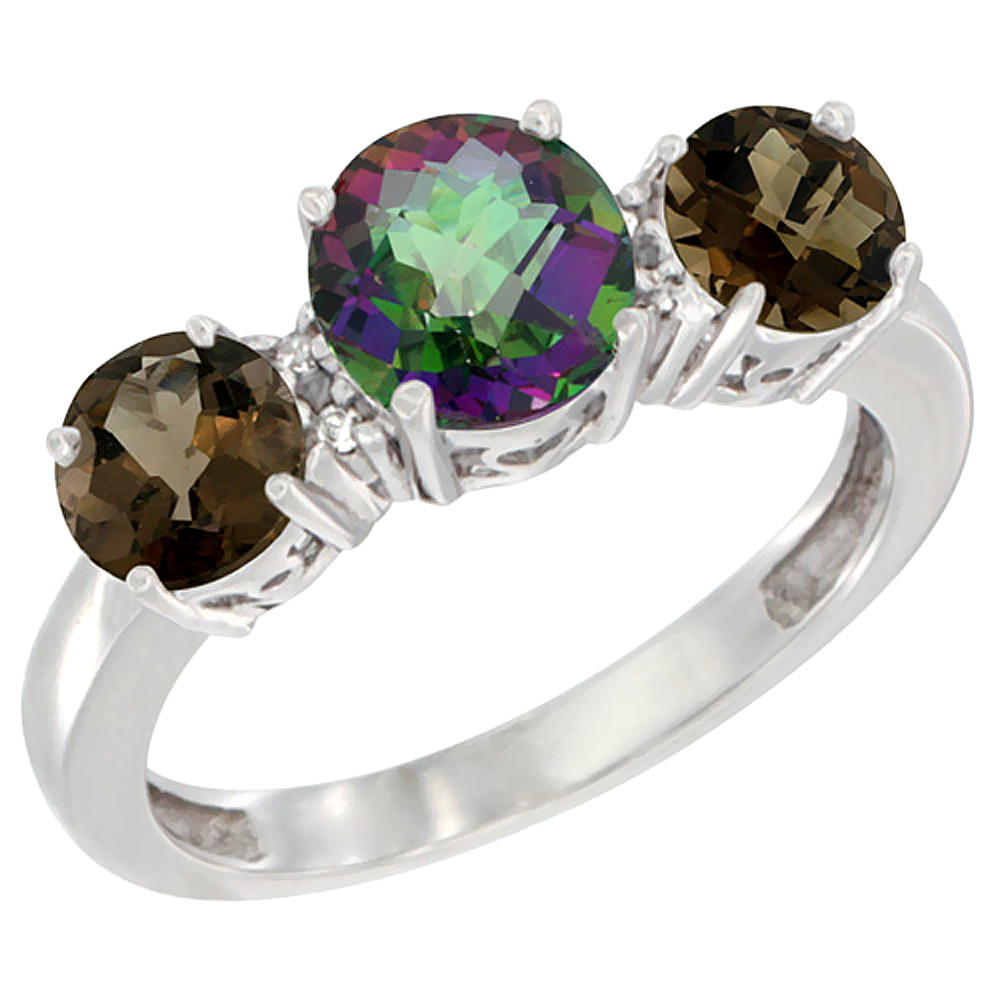 10K White Gold Round 3-Stone Natural Mystic Topaz Ring & Smoky Topaz Sides Diamond Accent, sizes 5 - 10