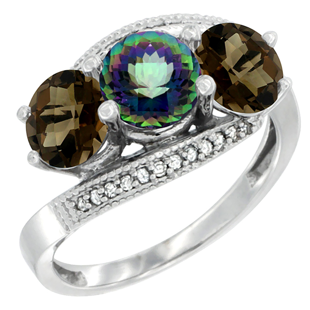 10K White Gold Natural Mystic Topaz &amp; Smoky Topaz Sides 3 stone Ring Round 6mm Diamond Accent, sizes 5 - 10