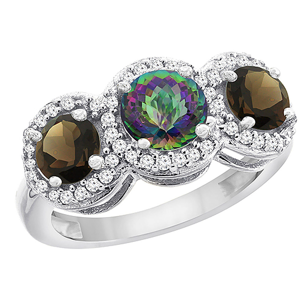 10K White Gold Natural Mystic Topaz &amp; Smoky Topaz Sides Round 3-stone Ring Diamond Accents, sizes 5 - 10