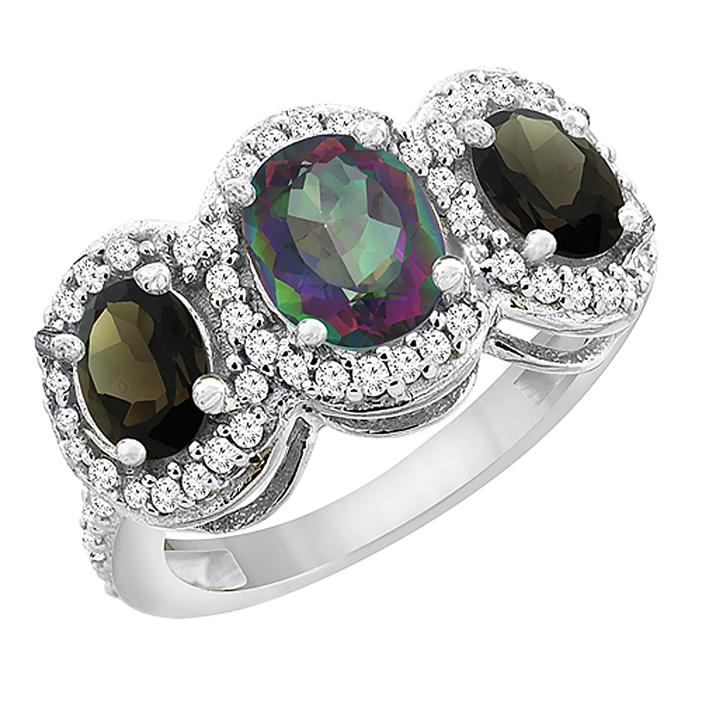 10K White Gold Natural Mystic Topaz & Smoky Topaz 3-Stone Ring Oval Diamond Accent, sizes 5 - 10