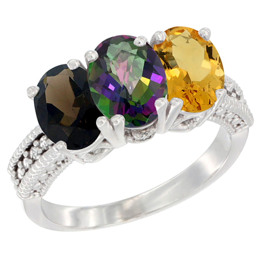 10K White Gold Natural Smoky Topaz, Mystic Topaz & Citrine Ring 3-Stone Oval 7x5 mm Diamond Accent, sizes 5 - 10