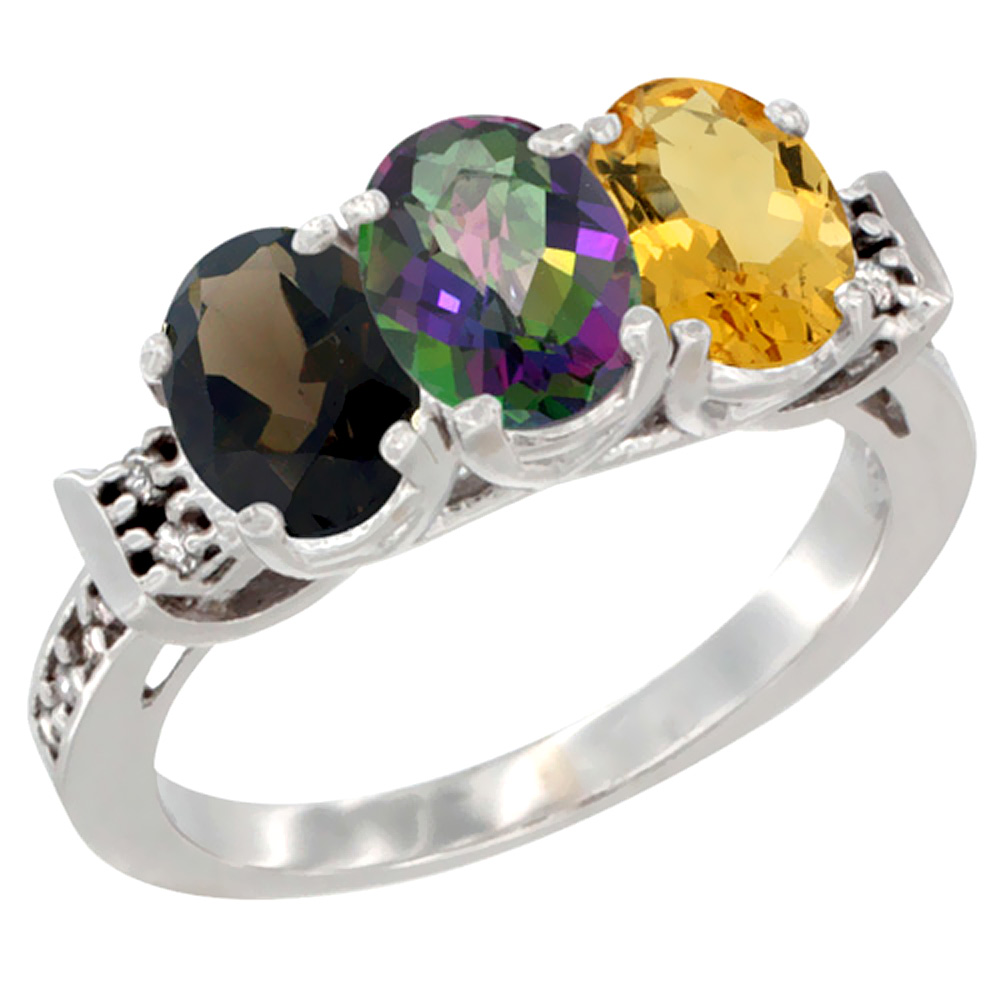 10K White Gold Natural Smoky Topaz, Mystic Topaz & Citrine Ring 3-Stone Oval 7x5 mm Diamond Accent, sizes 5 - 10