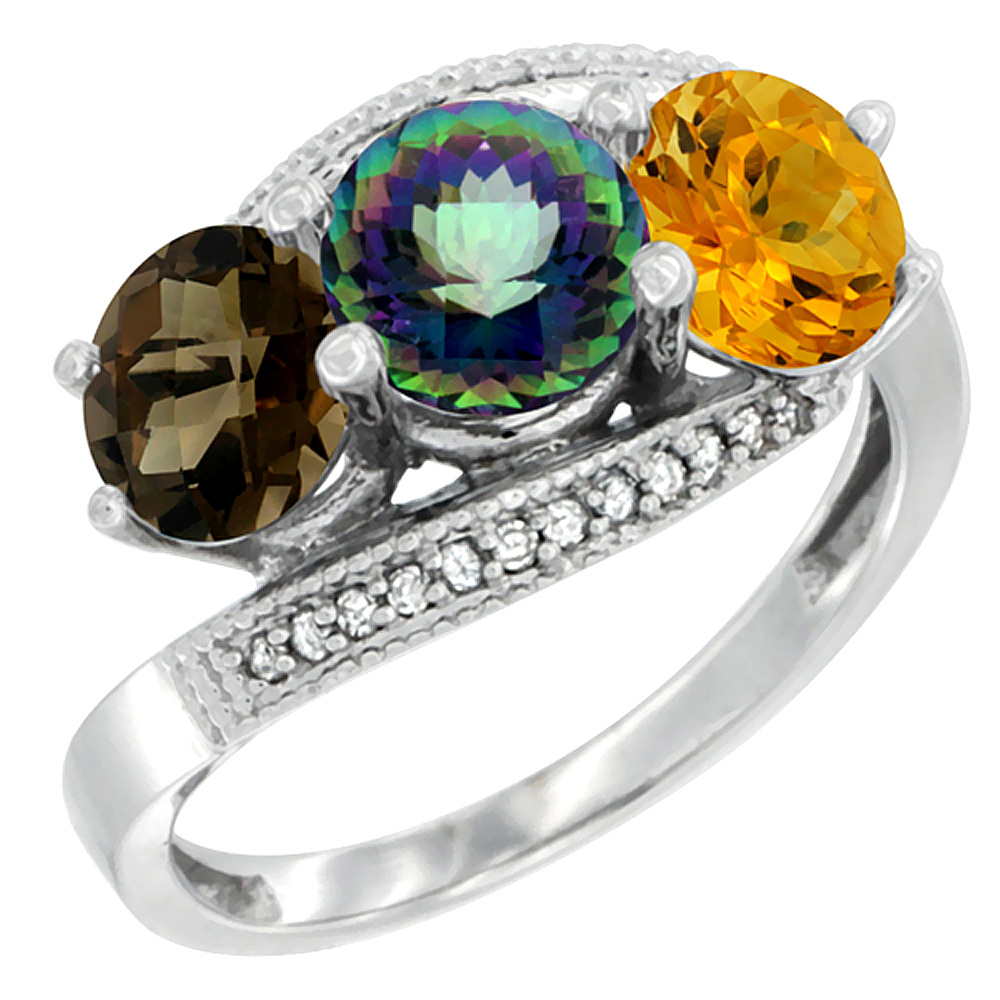 10K White Gold Natural Smoky Topaz, Mystic Topaz & Citrine 3 stone Ring Round 6mm Diamond Accent, sizes 5 - 10