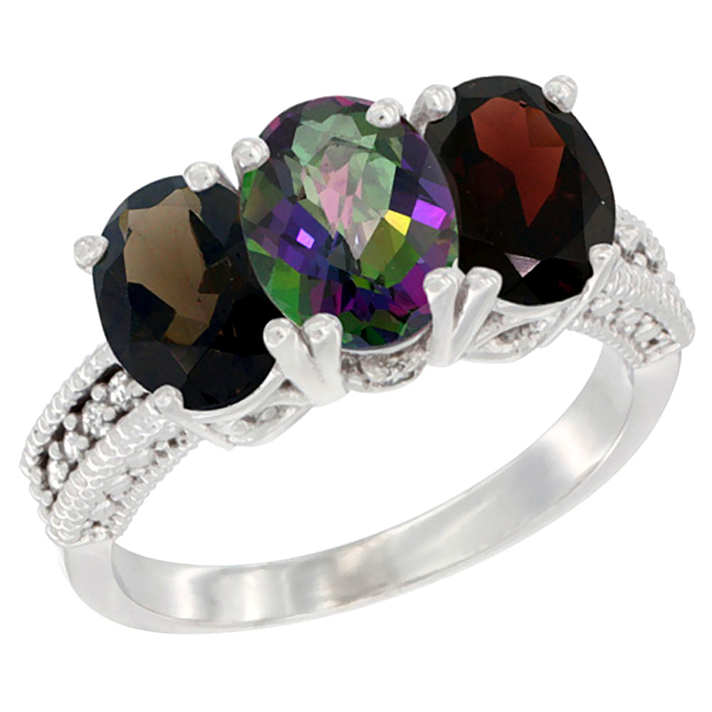 10K White Gold Natural Smoky Topaz, Mystic Topaz &amp; Garnet Ring 3-Stone Oval 7x5 mm Diamond Accent, sizes 5 - 10