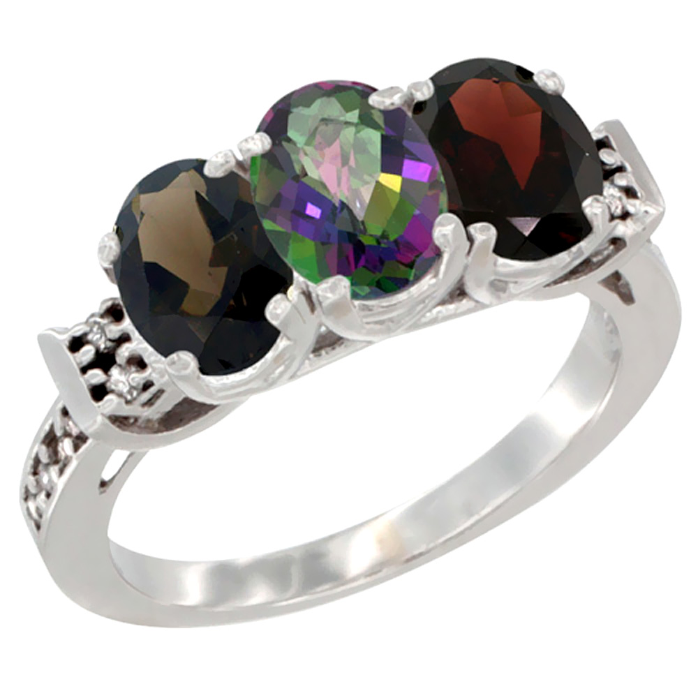 10K White Gold Natural Smoky Topaz, Mystic Topaz & Garnet Ring 3-Stone Oval 7x5 mm Diamond Accent, sizes 5 - 10