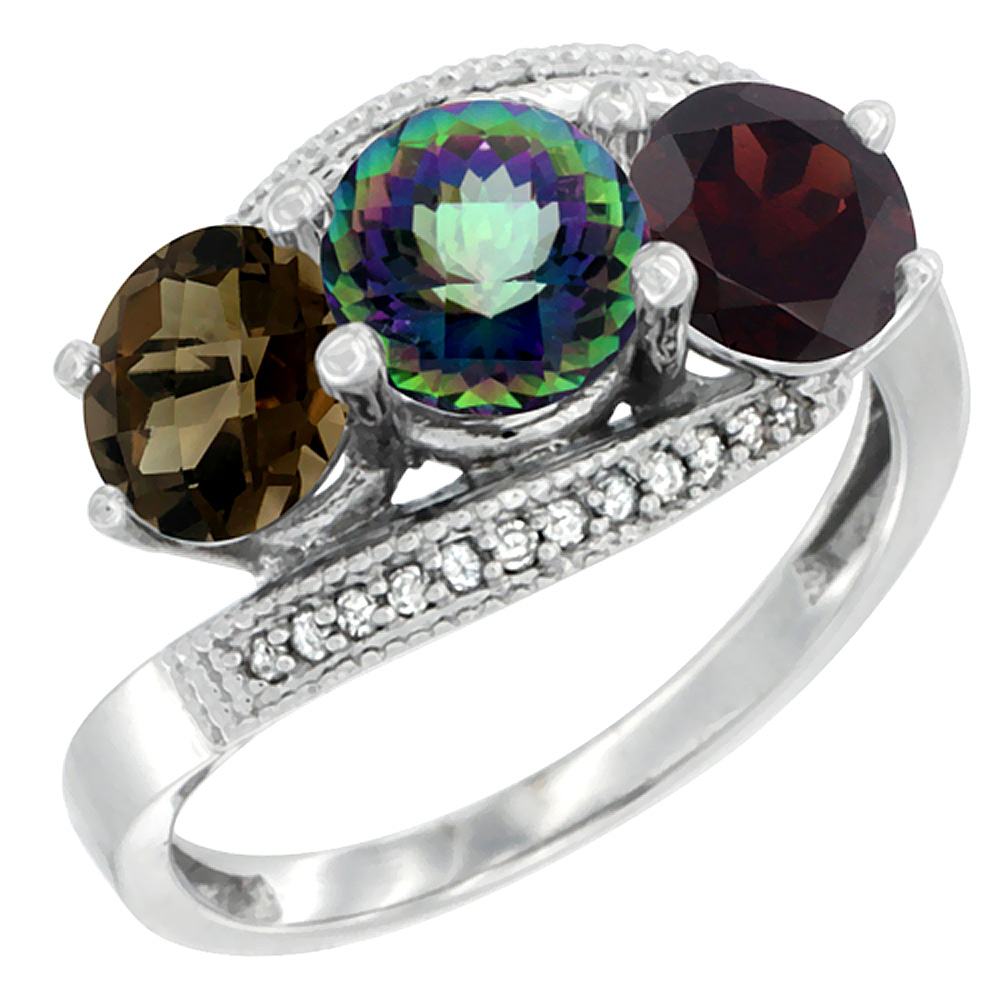 10K White Gold Natural Smoky Topaz, Mystic Topaz & Garnet 3 stone Ring Round 6mm Diamond Accent, sizes 5 - 10