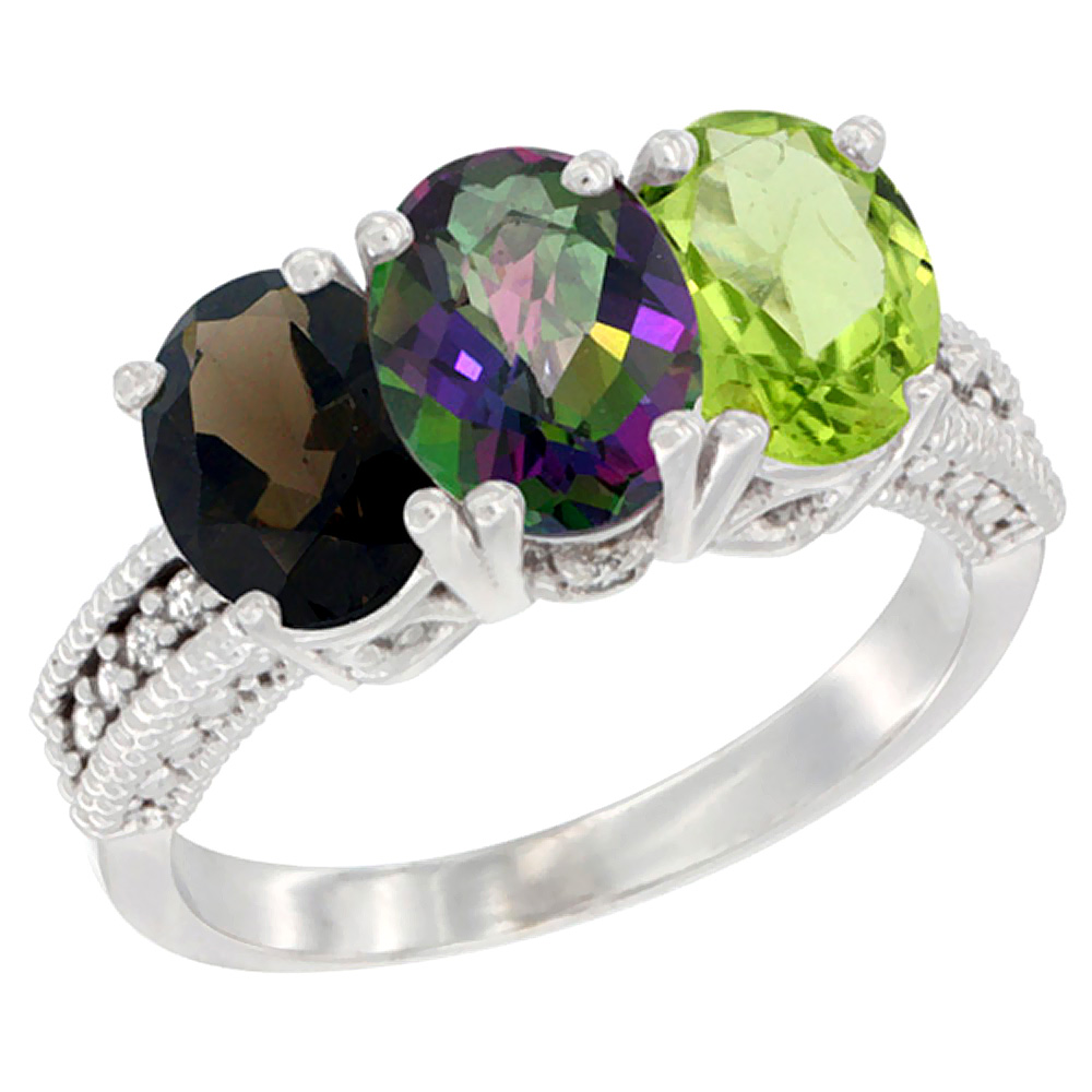 10K White Gold Natural Smoky Topaz, Mystic Topaz &amp; Peridot Ring 3-Stone Oval 7x5 mm Diamond Accent, sizes 5 - 10