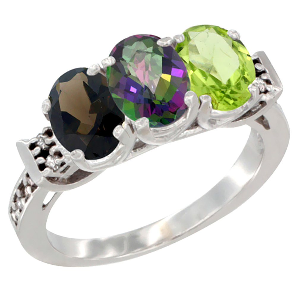 10K White Gold Natural Smoky Topaz, Mystic Topaz & Peridot Ring 3-Stone Oval 7x5 mm Diamond Accent, sizes 5 - 10