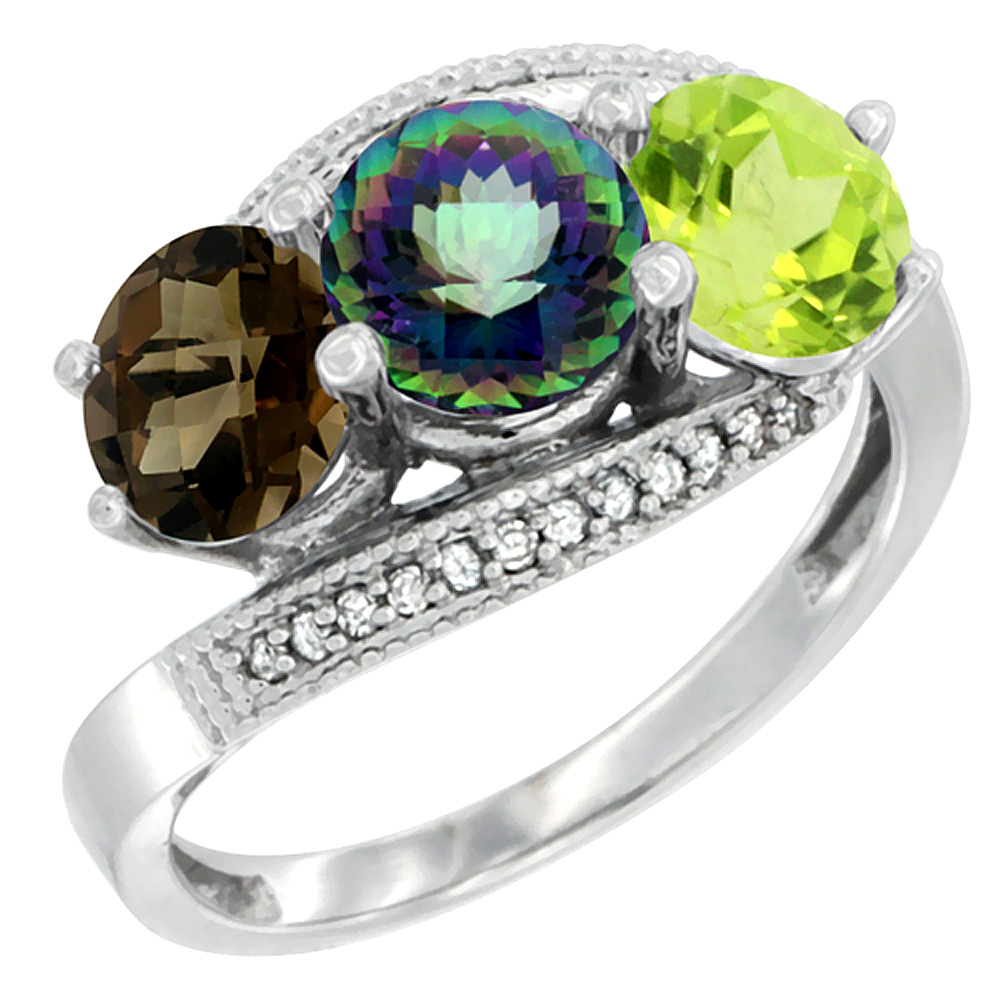 10K White Gold Natural Smoky Topaz, Mystic Topaz & Peridot 3 stone Ring Round 6mm Diamond Accent, sizes 5 - 10