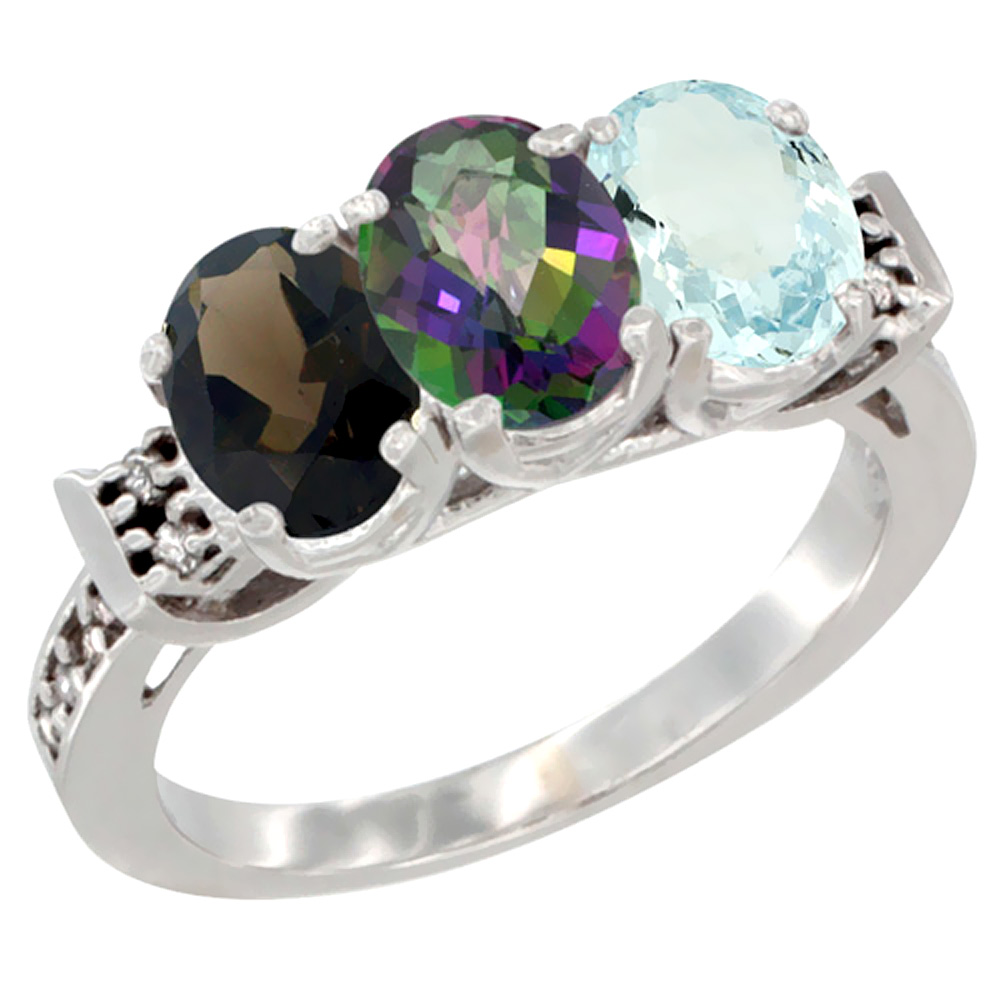 10K White Gold Natural Smoky Topaz, Mystic Topaz & Aquamarine Ring 3-Stone Oval 7x5 mm Diamond Accent, sizes 5 - 10