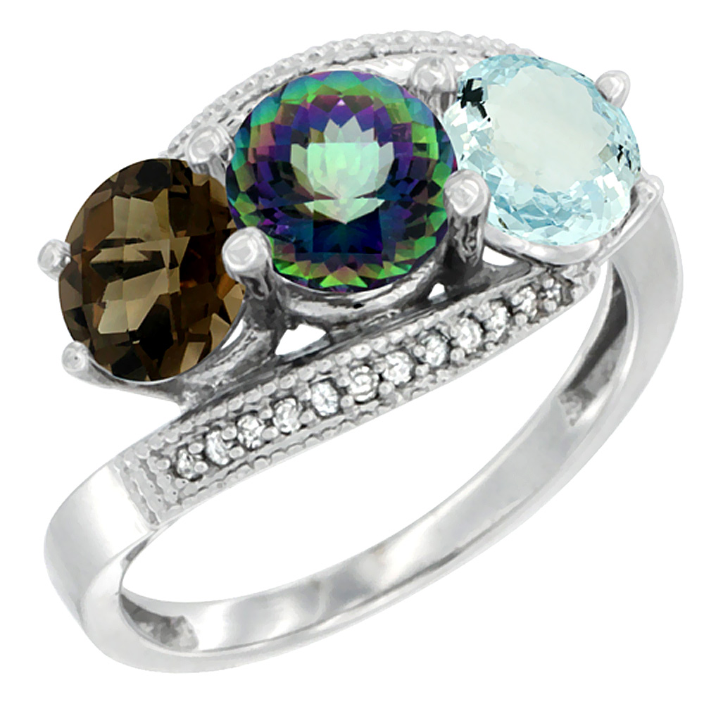 10K White Gold Natural Smoky Topaz, Mystic Topaz & Aquamarine 3 stone Ring Round 6mm Diamond Accent, sizes 5 - 10