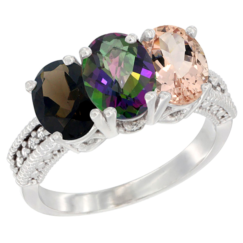 10K White Gold Natural Smoky Topaz, Mystic Topaz & Morganite Ring 3-Stone Oval 7x5 mm Diamond Accent, sizes 5 - 10