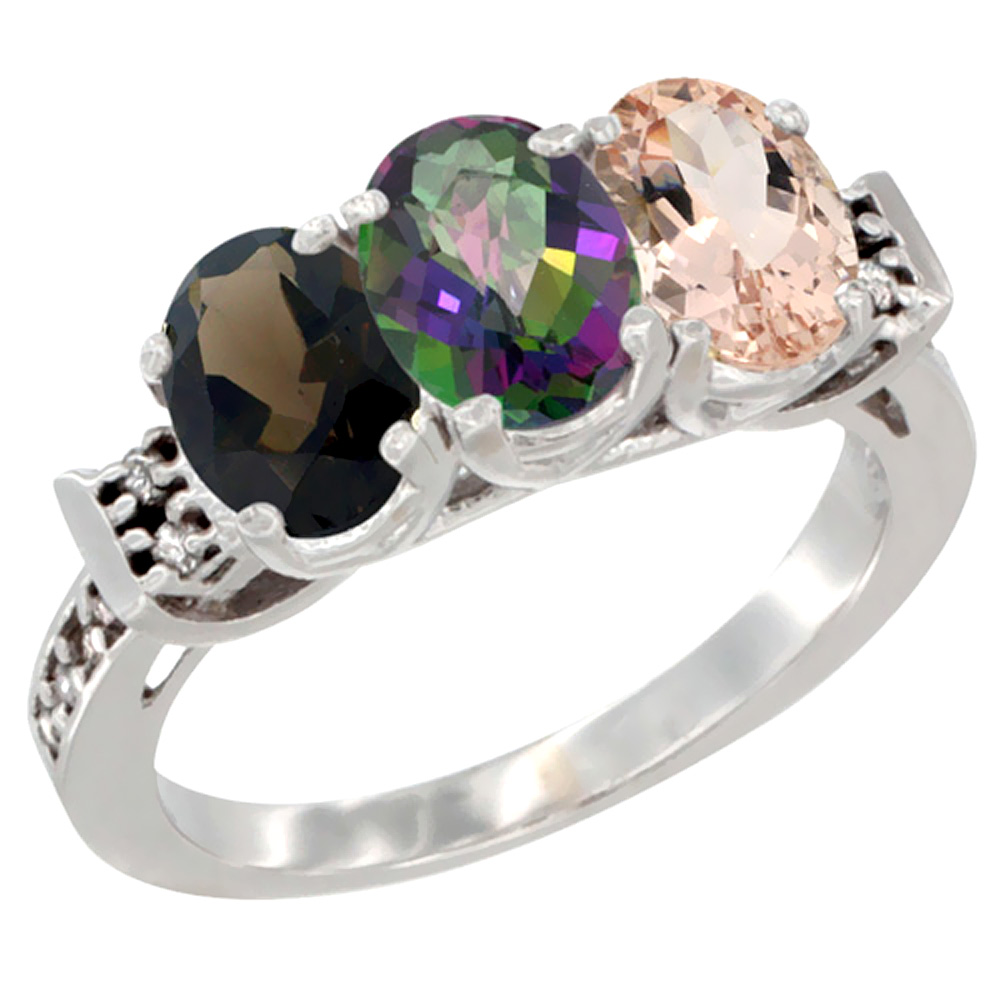 14K White Gold Natural Smoky Topaz, Mystic Topaz & Morganite Ring 3-Stone Oval 7x5 mm Diamond Accent, sizes 5 - 10