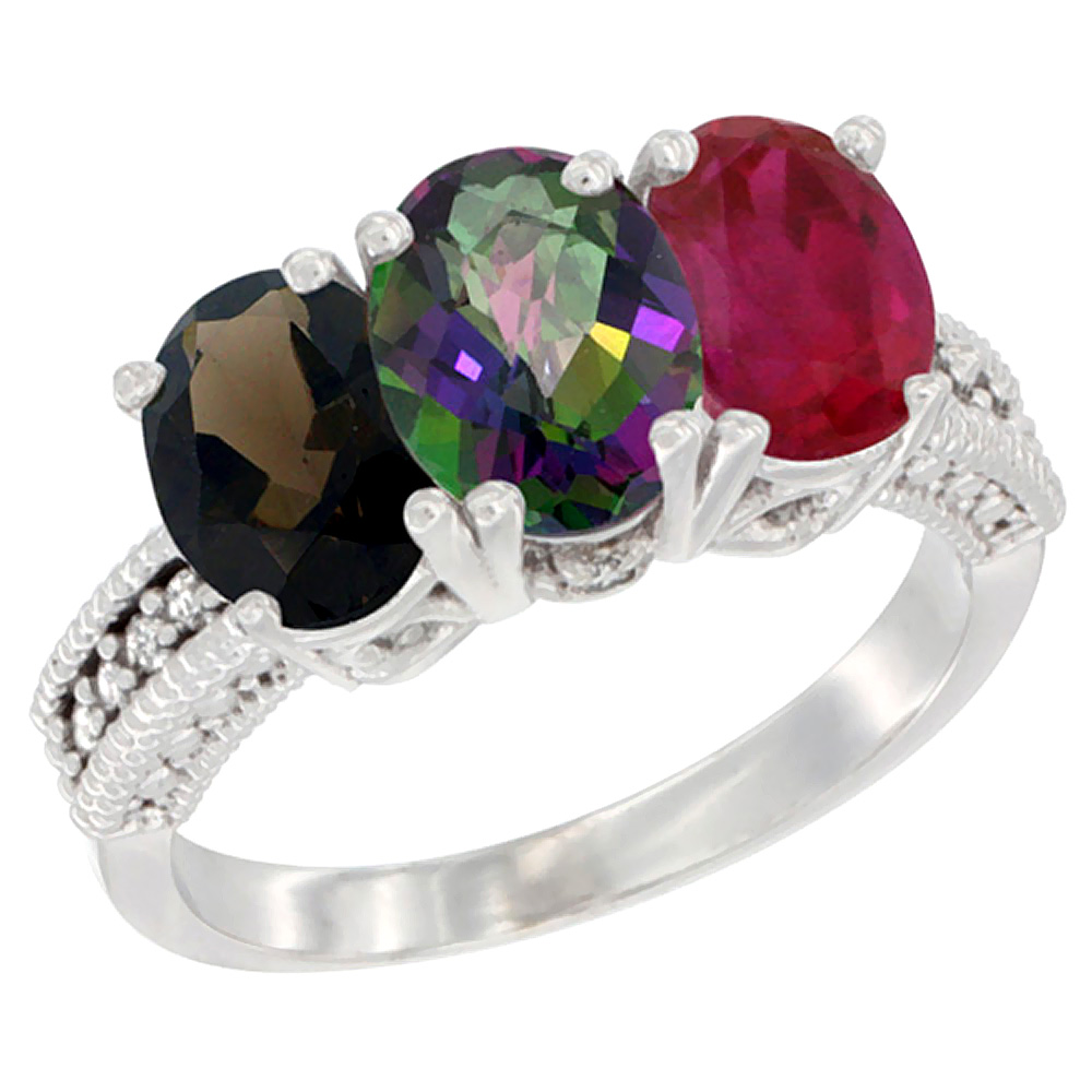 10K White Gold Natural Smoky Topaz, Mystic Topaz & Enhanced Ruby Ring 3-Stone Oval 7x5 mm Diamond Accent, sizes 5 - 10