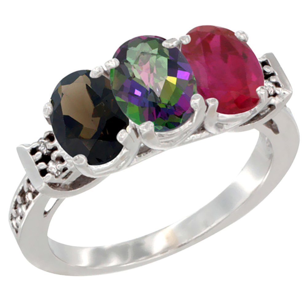 14K White Gold Natural Smoky Topaz, Mystic Topaz & Enhanced Ruby Ring 3-Stone Oval 7x5 mm Diamond Accent, sizes 5 - 10