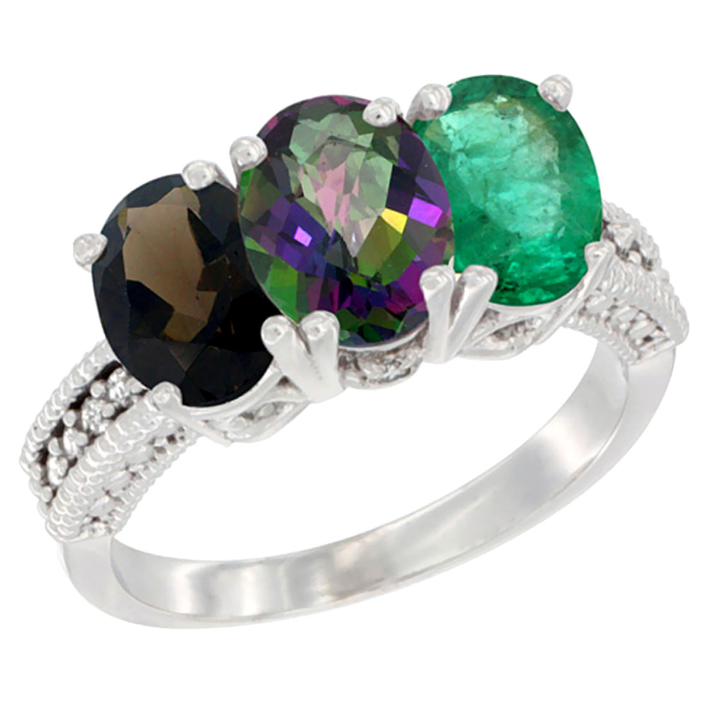 10K White Gold Natural Smoky Topaz, Mystic Topaz &amp; Emerald Ring 3-Stone Oval 7x5 mm Diamond Accent, sizes 5 - 10