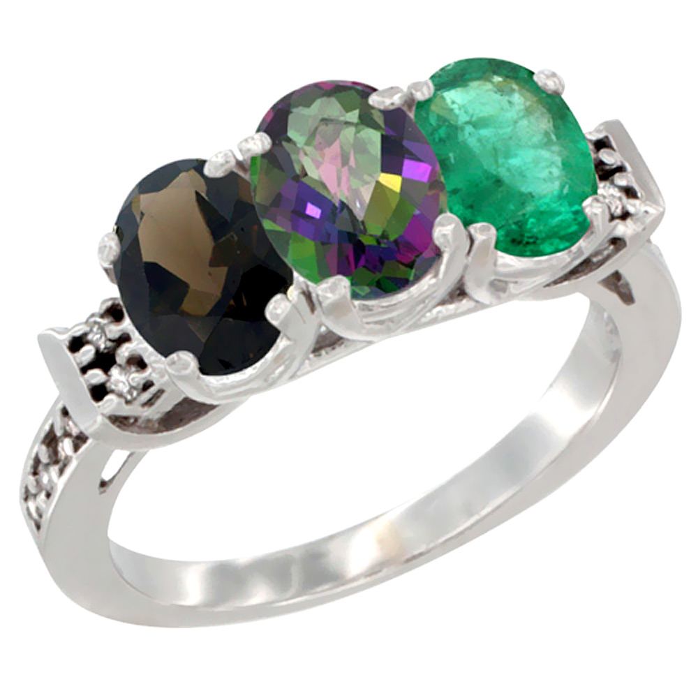 14K White Gold Natural Smoky Topaz, Mystic Topaz &amp; Emerald Ring 3-Stone Oval 7x5 mm Diamond Accent, sizes 5 - 10