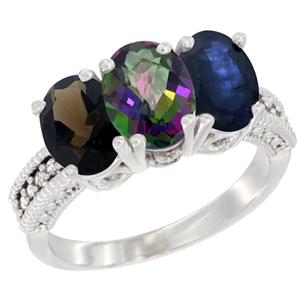 10K White Gold Natural Smoky Topaz, Mystic Topaz & Blue Sapphire Ring 3-Stone Oval 7x5 mm Diamond Accent, sizes 5 - 10