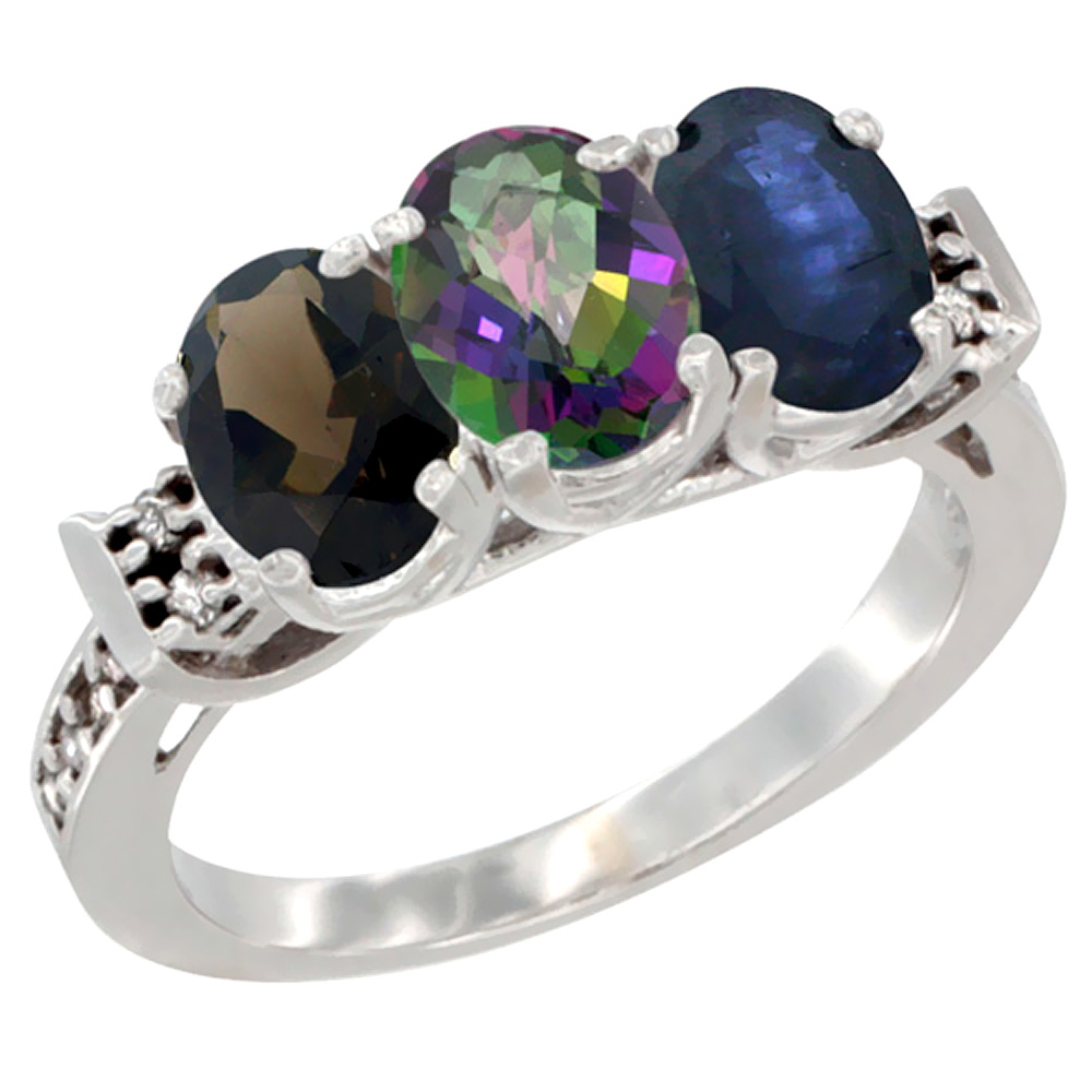 10K White Gold Natural Smoky Topaz, Mystic Topaz & Blue Sapphire Ring 3-Stone Oval 7x5 mm Diamond Accent, sizes 5 - 10