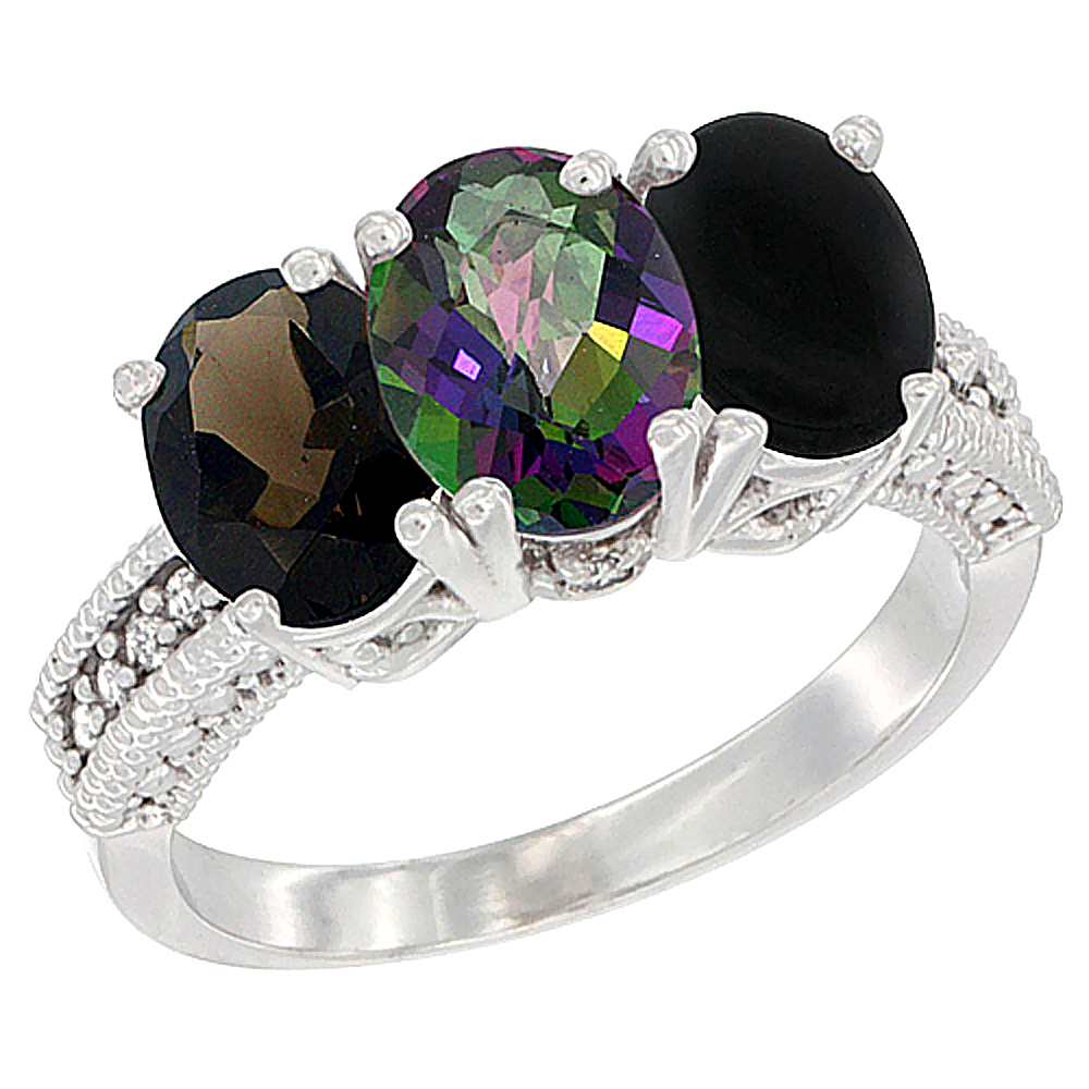 10K White Gold Natural Smoky Topaz, Mystic Topaz & Black Onyx Ring 3-Stone Oval 7x5 mm Diamond Accent, sizes 5 - 10