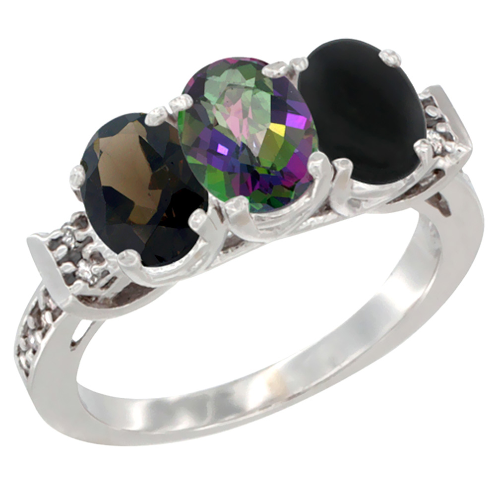 14K White Gold Natural Smoky Topaz, Mystic Topaz & Black Onyx Ring 3-Stone Oval 7x5 mm Diamond Accent, sizes 5 - 10