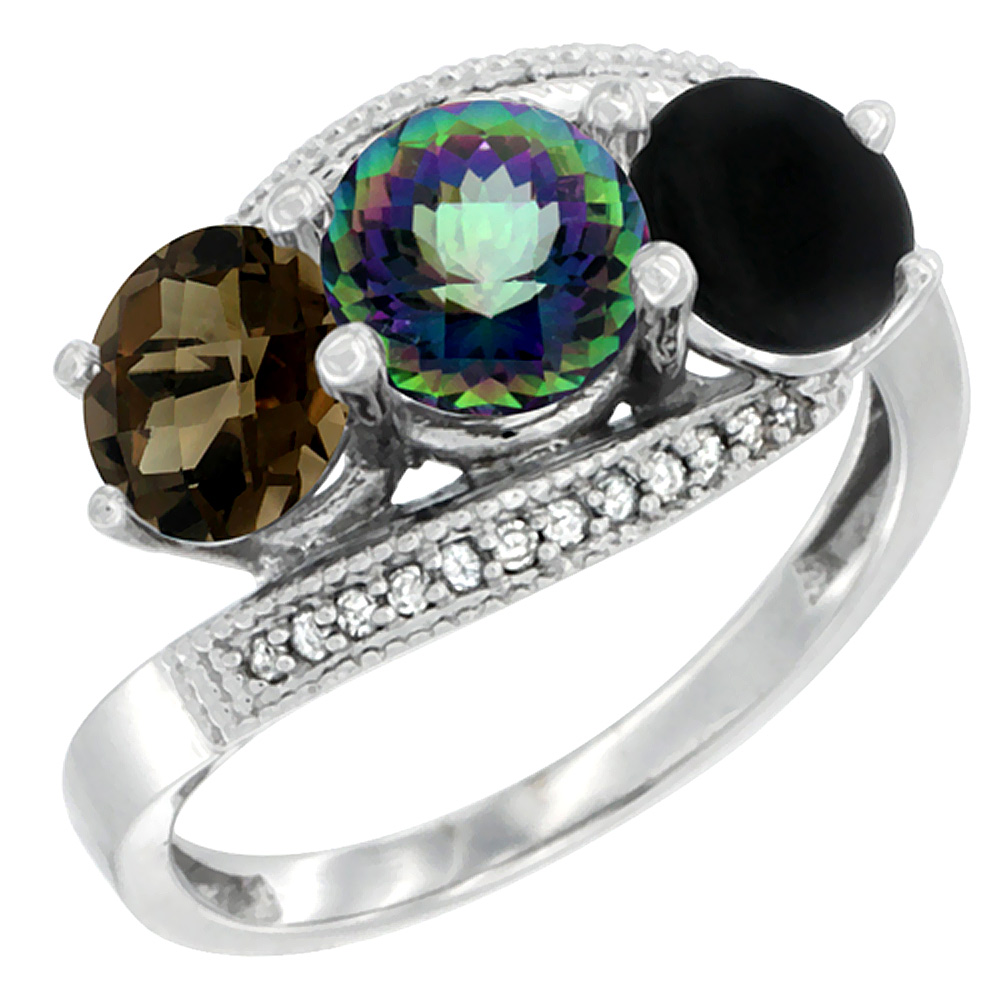 10K White Gold Natural Smoky Topaz, Mystic Topaz & Black Onyx 3 stone Ring Round 6mm Diamond Accent, sizes 5 - 10