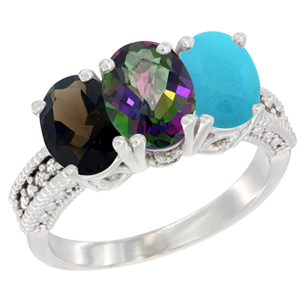 10K White Gold Natural Smoky Topaz, Mystic Topaz &amp; Turquoise Ring 3-Stone Oval 7x5 mm Diamond Accent, sizes 5 - 10