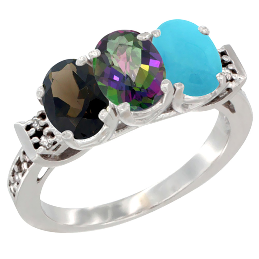 14K White Gold Natural Smoky Topaz, Mystic Topaz & Turquoise Ring 3-Stone Oval 7x5 mm Diamond Accent, sizes 5 - 10