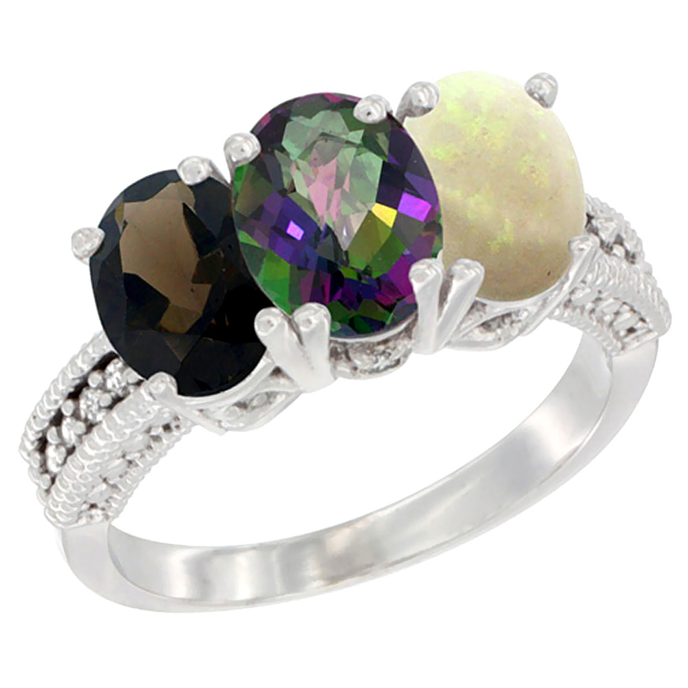 10K White Gold Natural Smoky Topaz, Mystic Topaz & Opal Ring 3-Stone Oval 7x5 mm Diamond Accent, sizes 5 - 10