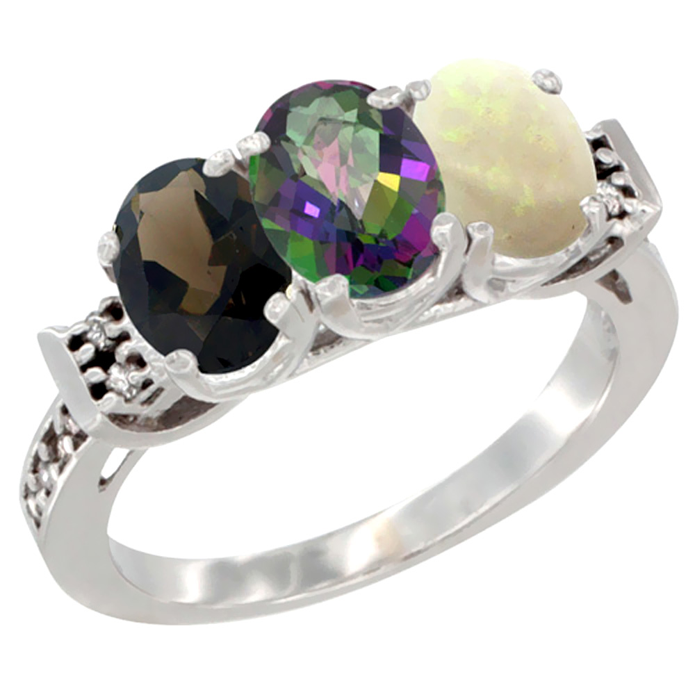 10K White Gold Natural Smoky Topaz, Mystic Topaz & Opal Ring 3-Stone Oval 7x5 mm Diamond Accent, sizes 5 - 10