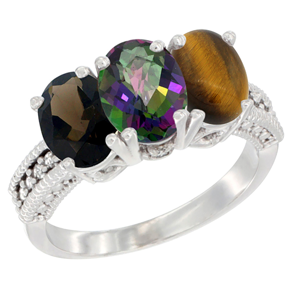 10K White Gold Natural Smoky Topaz, Mystic Topaz & Tiger Eye Ring 3-Stone Oval 7x5 mm Diamond Accent, sizes 5 - 10