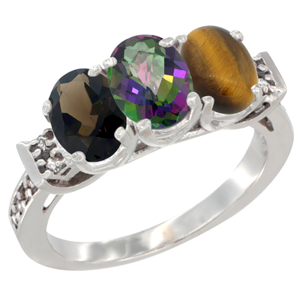 10K White Gold Natural Smoky Topaz, Mystic Topaz & Tiger Eye Ring 3-Stone Oval 7x5 mm Diamond Accent, sizes 5 - 10