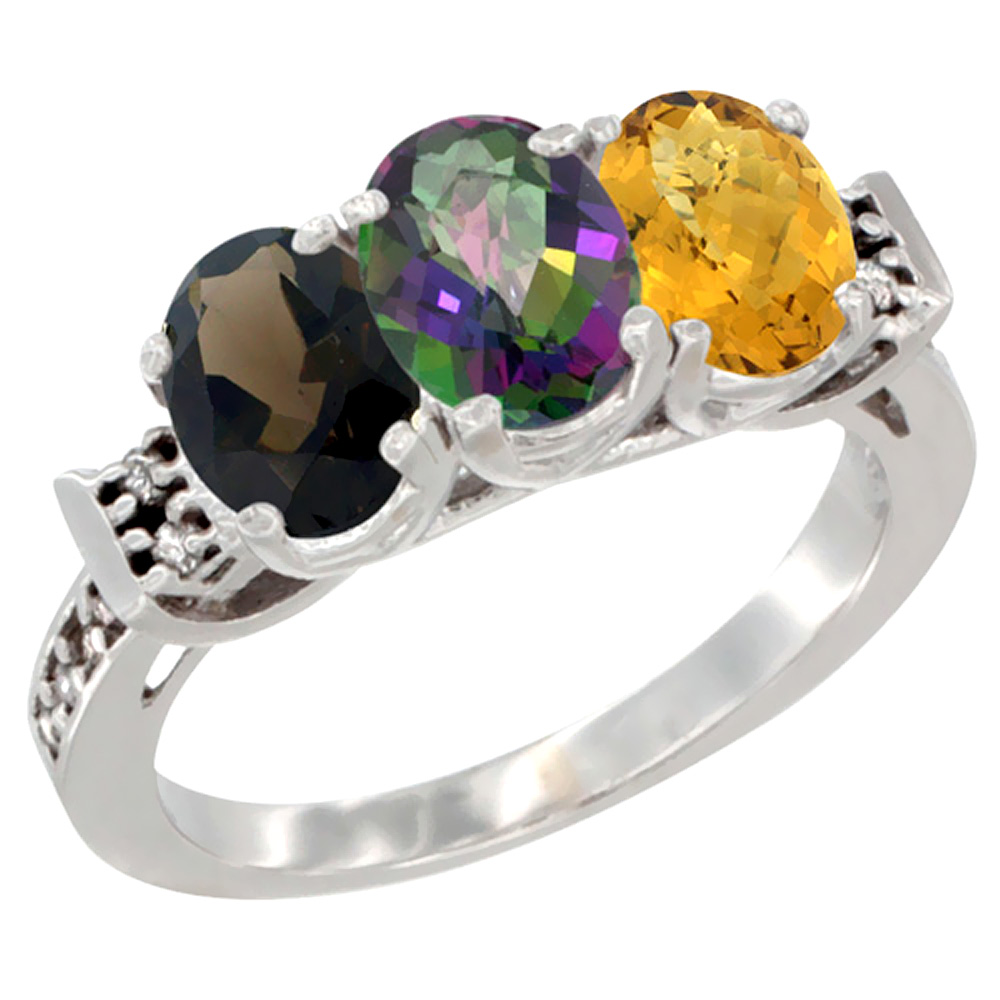 14K White Gold Natural Smoky Topaz, Mystic Topaz &amp; Whisky Quartz Ring 3-Stone Oval 7x5 mm Diamond Accent, sizes 5 - 10