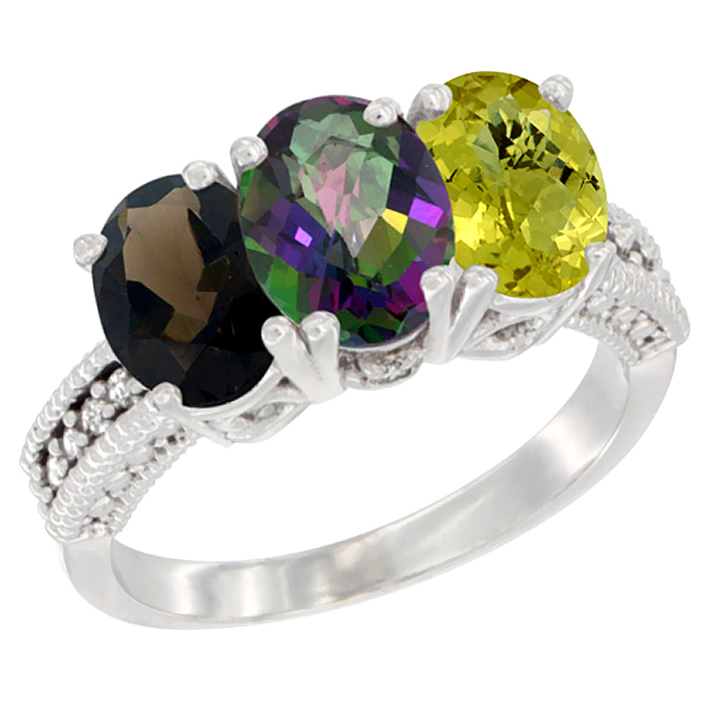 10K White Gold Natural Smoky Topaz, Mystic Topaz & Lemon Quartz Ring 3-Stone Oval 7x5 mm Diamond Accent, sizes 5 - 10