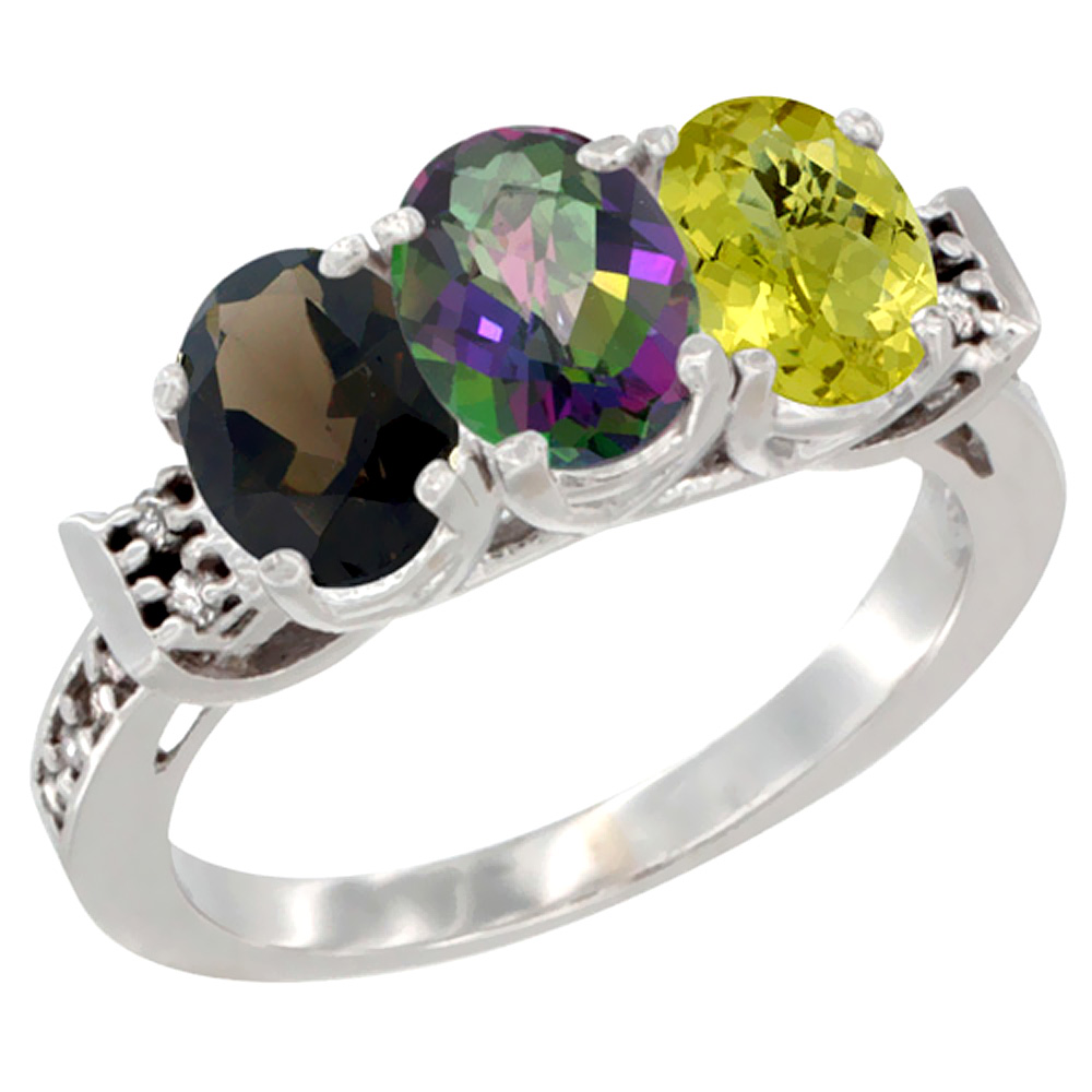 14K White Gold Natural Smoky Topaz, Mystic Topaz & Lemon Quartz Ring 3-Stone Oval 7x5 mm Diamond Accent, sizes 5 - 10