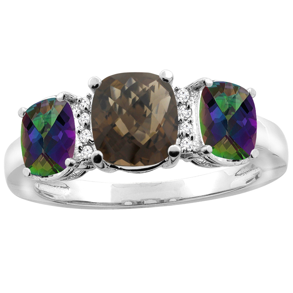 14K Yellow Gold Natural Smoky Topaz &amp; Mystic Topaz 3-stone Ring Cushion 8x6mm Diamond Accent, sizes 5 - 10