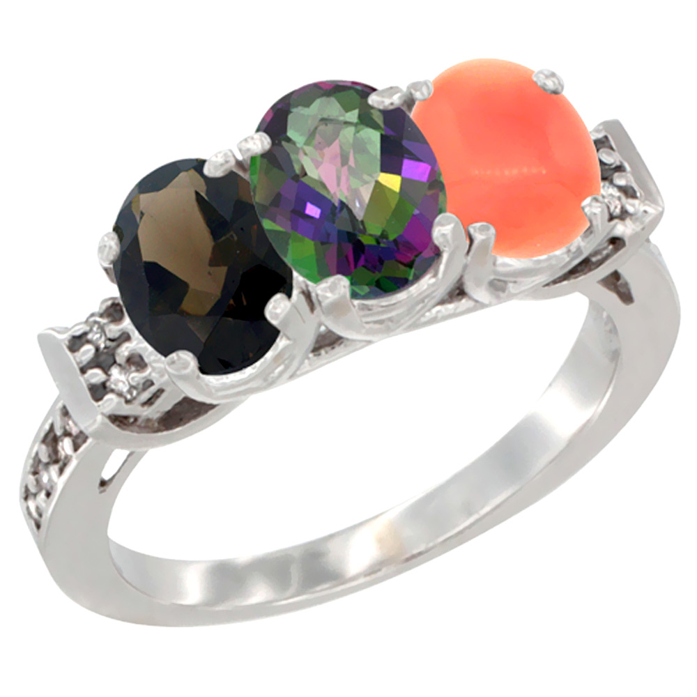 14K White Gold Natural Smoky Topaz, Mystic Topaz & Coral Ring 3-Stone Oval 7x5 mm Diamond Accent, sizes 5 - 10