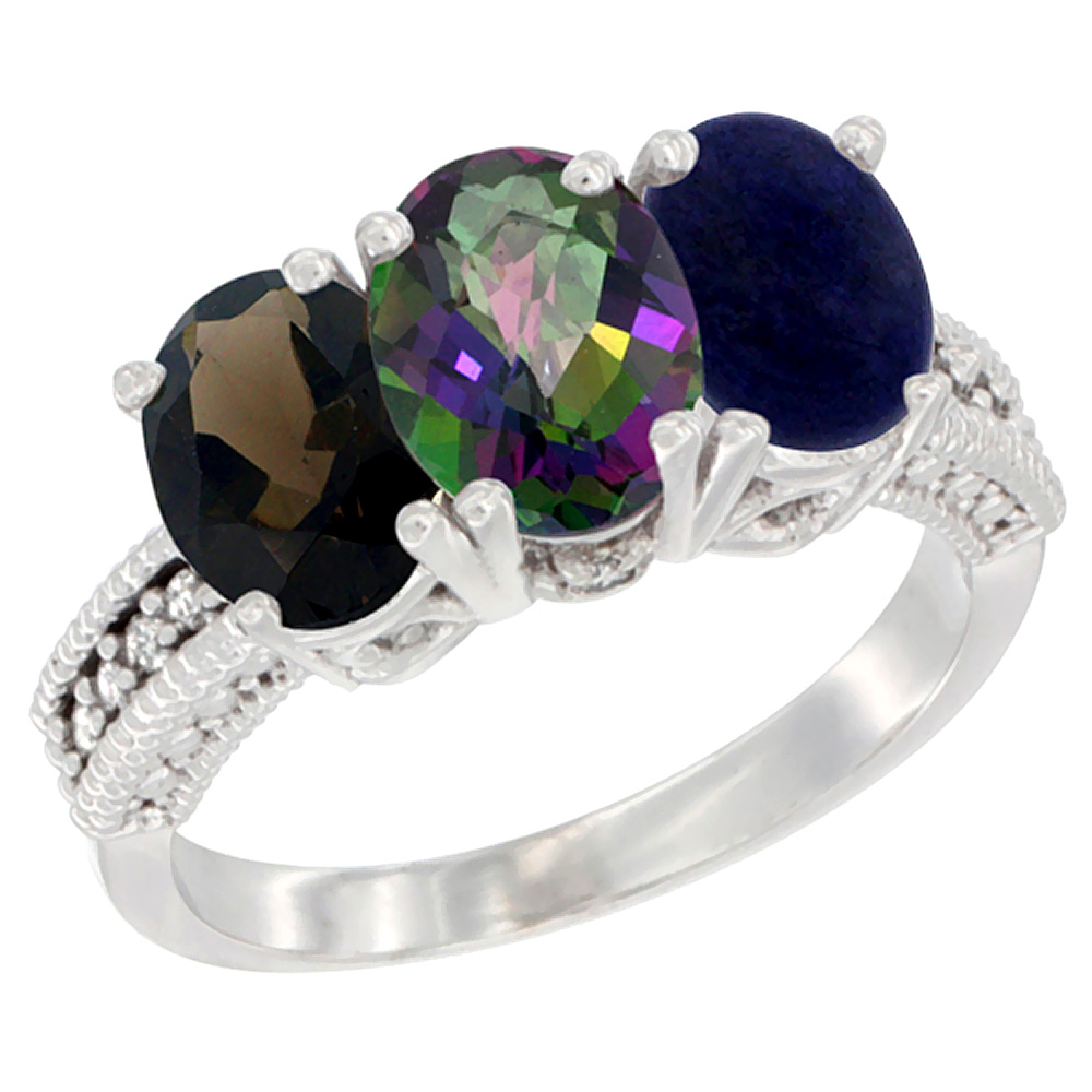 10K White Gold Natural Smoky Topaz, Mystic Topaz & Lapis Ring 3-Stone Oval 7x5 mm Diamond Accent, sizes 5 - 10