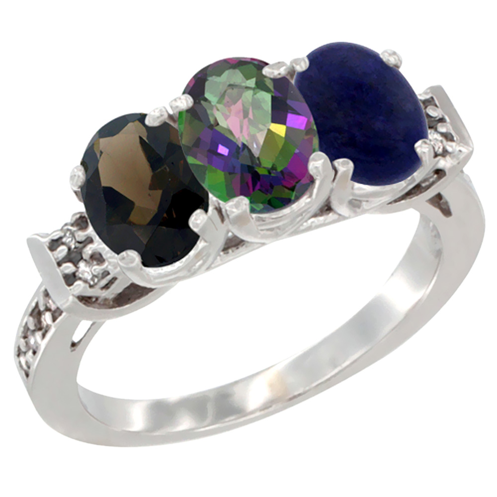 14K White Gold Natural Smoky Topaz, Mystic Topaz &amp; Lapis Ring 3-Stone Oval 7x5 mm Diamond Accent, sizes 5 - 10