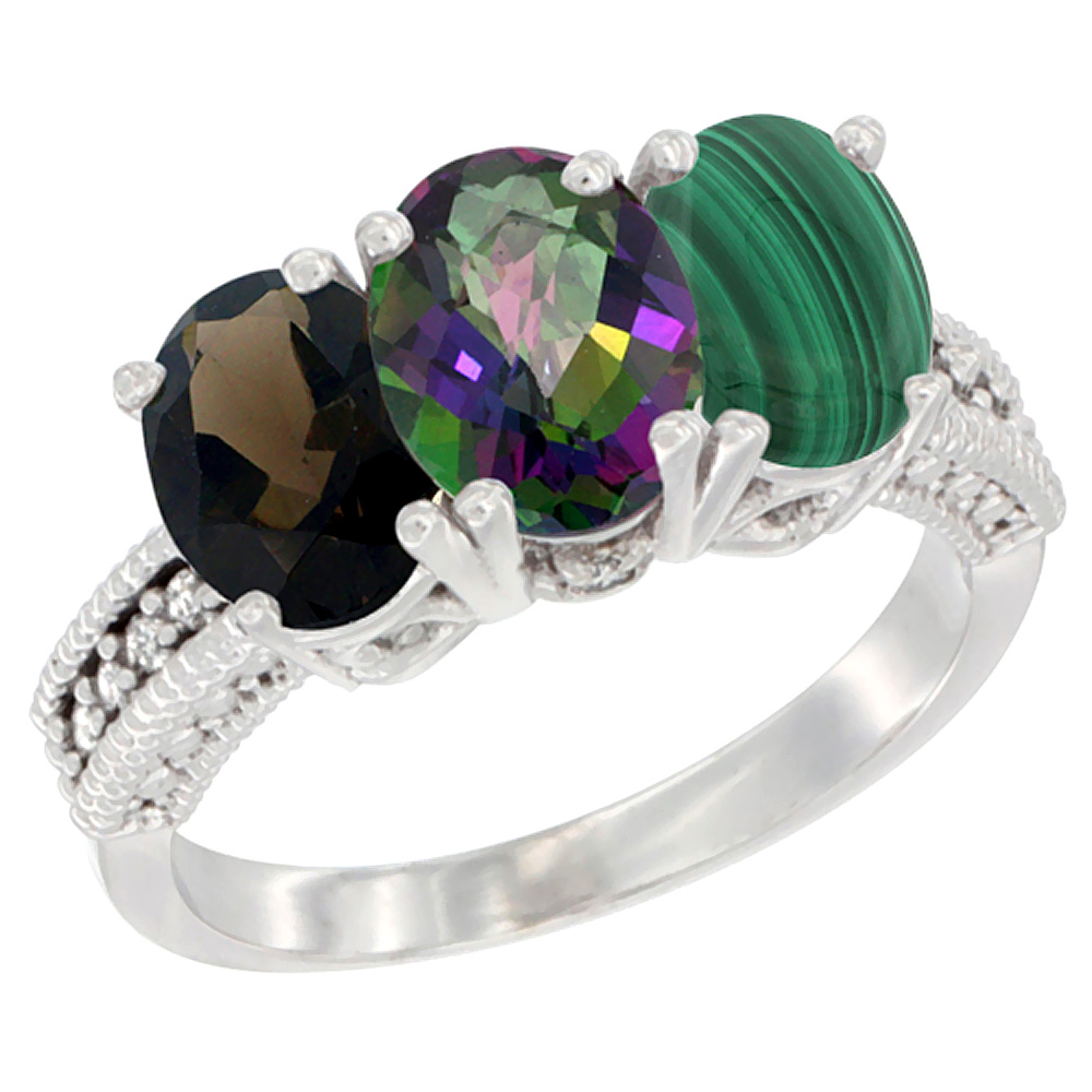 10K White Gold Natural Smoky Topaz, Mystic Topaz & Malachite Ring 3-Stone Oval 7x5 mm Diamond Accent, sizes 5 - 10