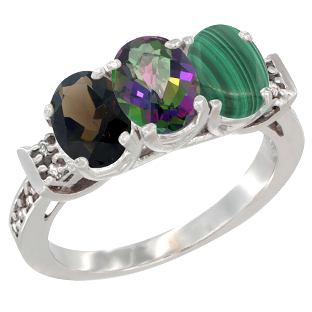 10K White Gold Natural Smoky Topaz, Mystic Topaz & Malachite Ring 3-Stone Oval 7x5 mm Diamond Accent, sizes 5 - 10