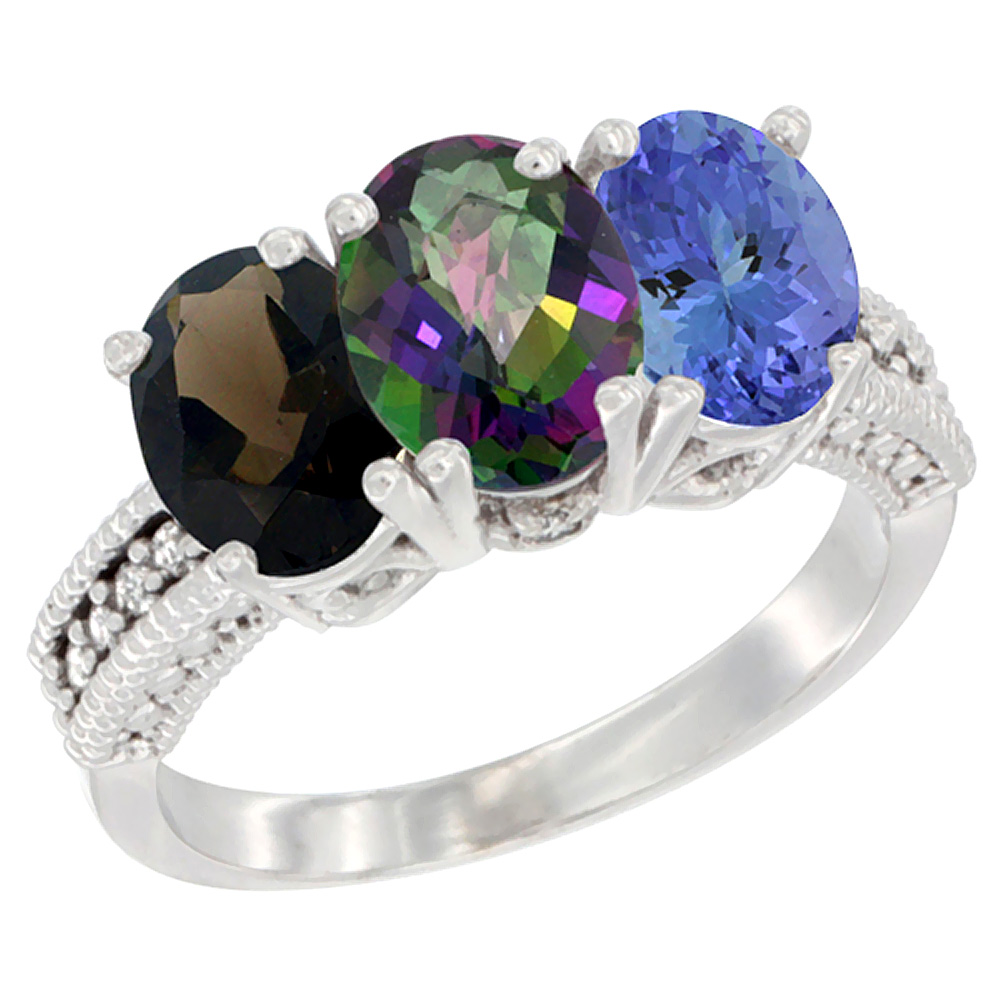 10K White Gold Natural Smoky Topaz, Mystic Topaz &amp; Tanzanite Ring 3-Stone Oval 7x5 mm Diamond Accent, sizes 5 - 10