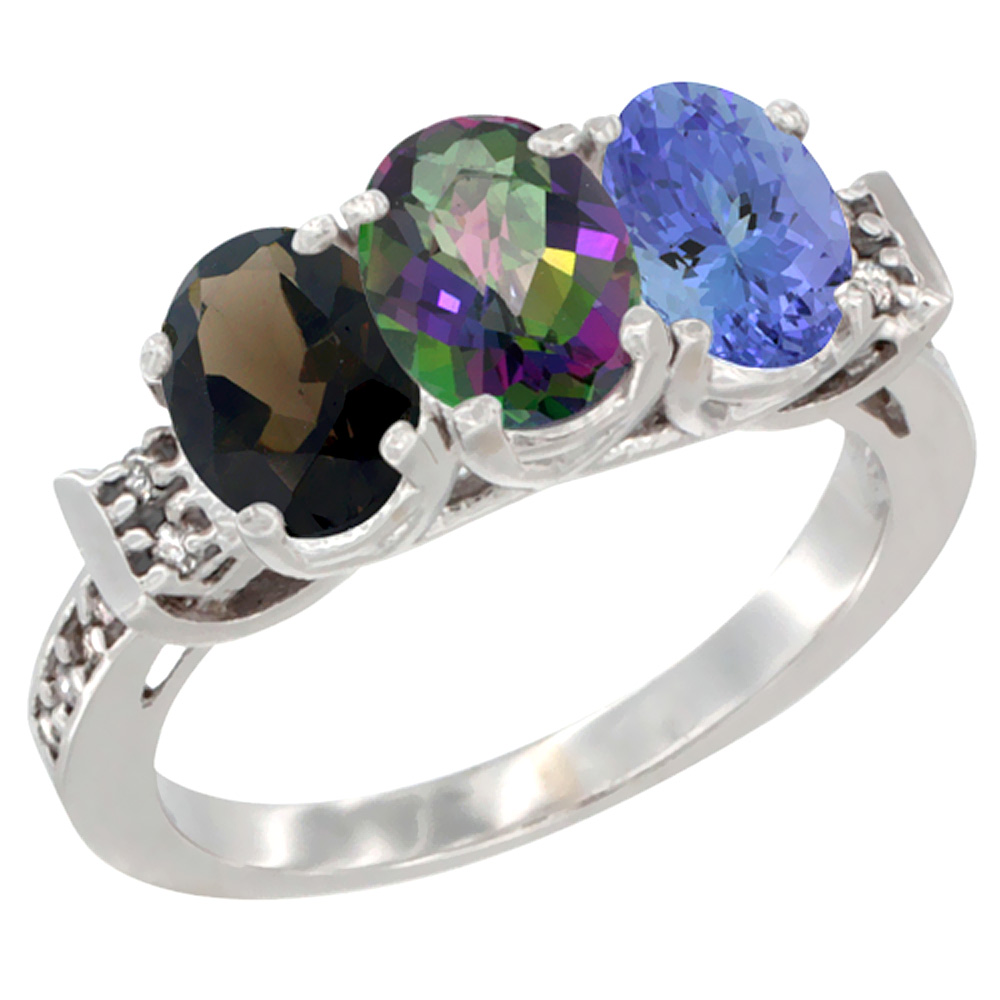 14K White Gold Natural Smoky Topaz, Mystic Topaz &amp; Tanzanite Ring 3-Stone Oval 7x5 mm Diamond Accent, sizes 5 - 10