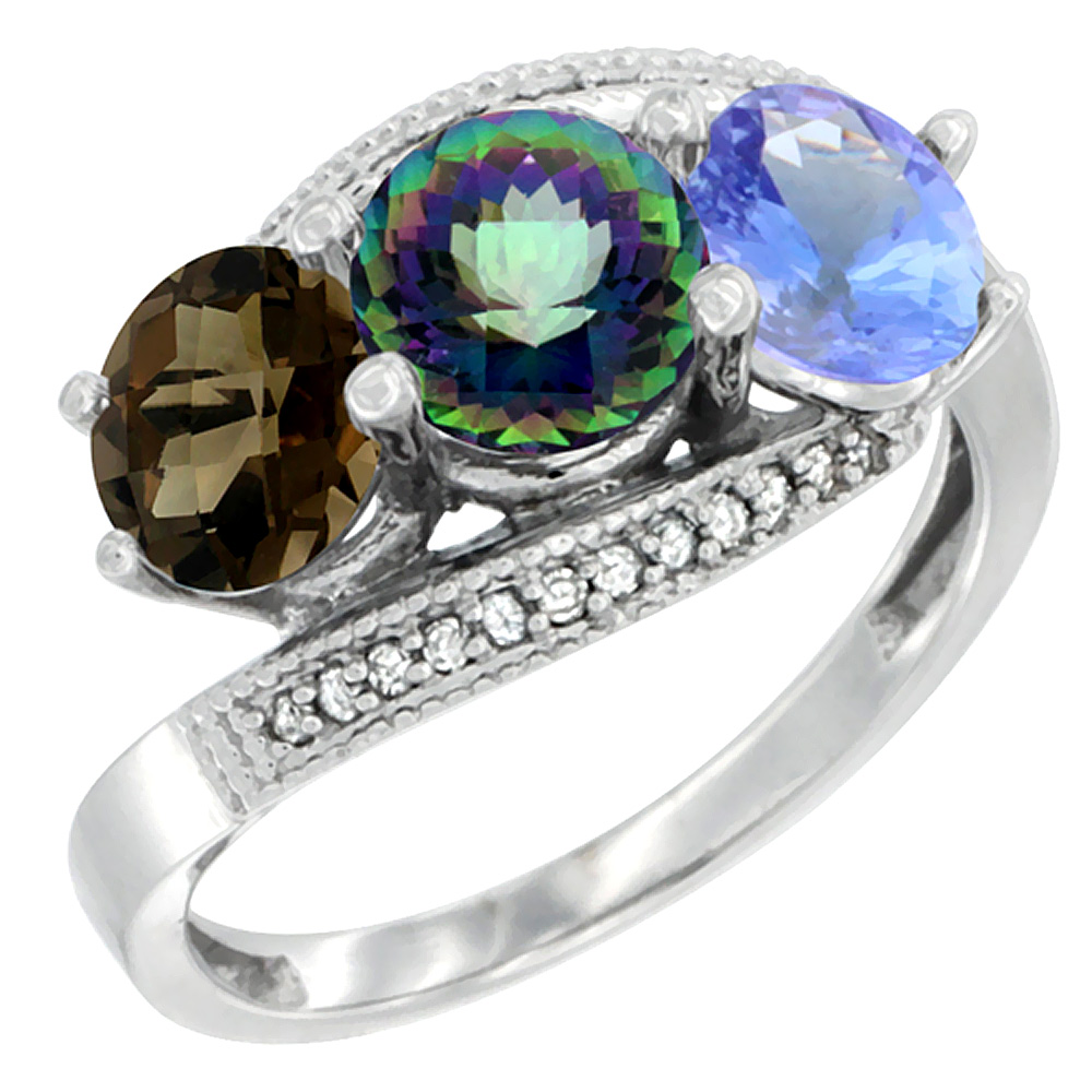 10K White Gold Natural Smoky Topaz, Mystic Topaz & Tanzanite 3 stone Ring Round 6mm Diamond Accent, sizes 5 - 10