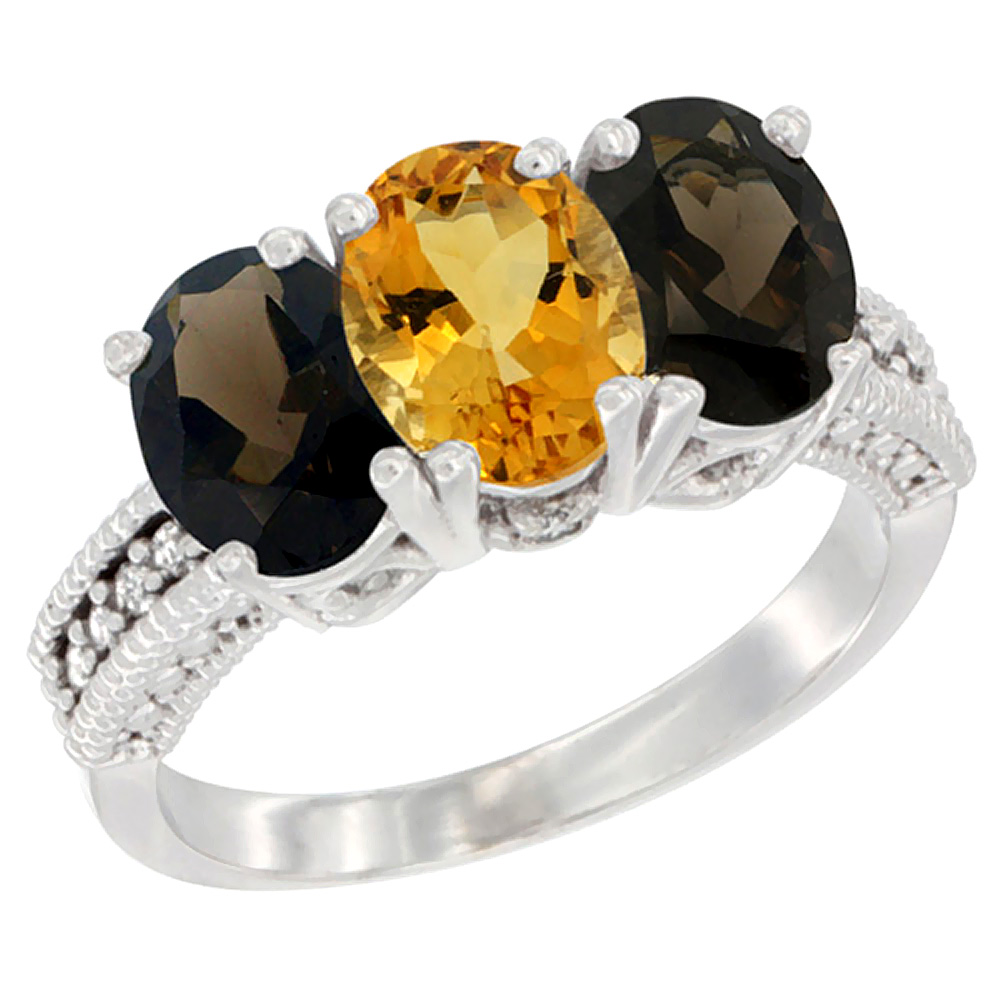 14K White Gold Natural Citrine &amp; Smoky Topaz Ring 3-Stone 7x5 mm Oval Diamond Accent, sizes 5 - 10