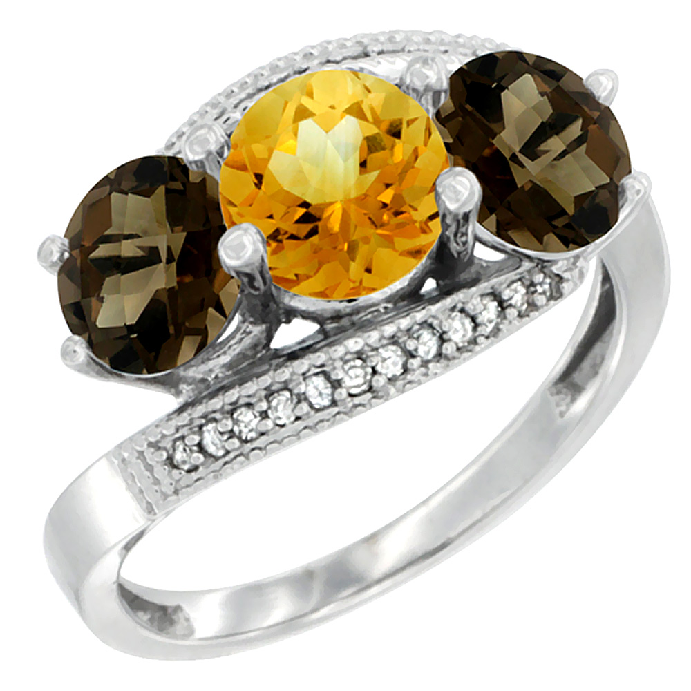 14K White Gold Natural Citrine &amp; Smoky Topaz Sides 3 stone Ring Round 6mm Diamond Accent, sizes 5 - 10