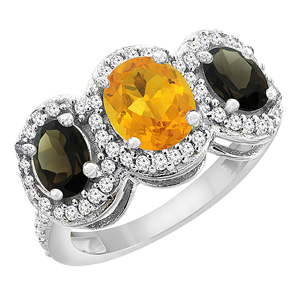 14K White Gold Natural Citrine & Smoky Topaz 3-Stone Ring Oval Diamond Accent, sizes 5 - 10