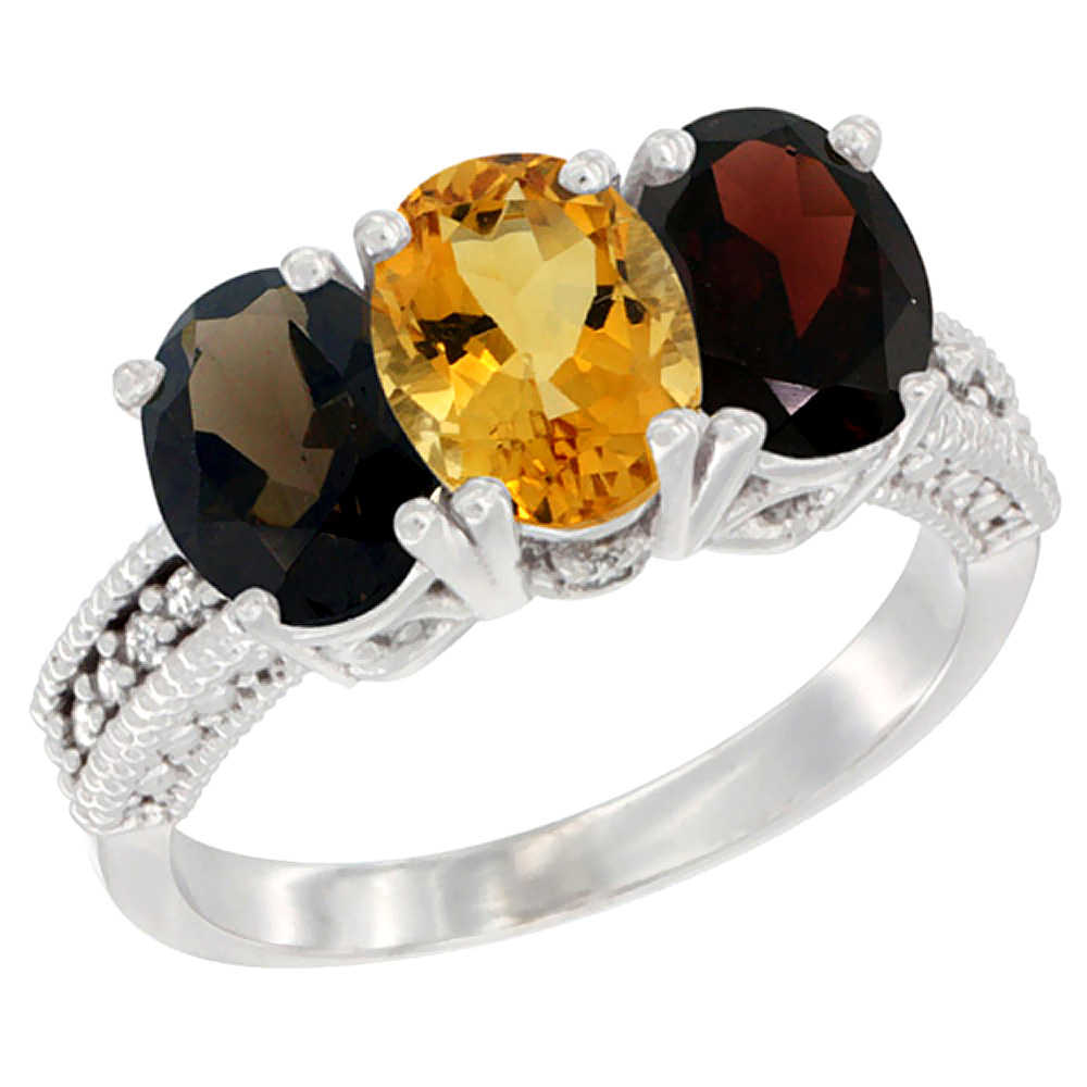 14K White Gold Natural Smoky Topaz, Citrine & Garnet Ring 3-Stone 7x5 mm Oval Diamond Accent, sizes 5 - 10