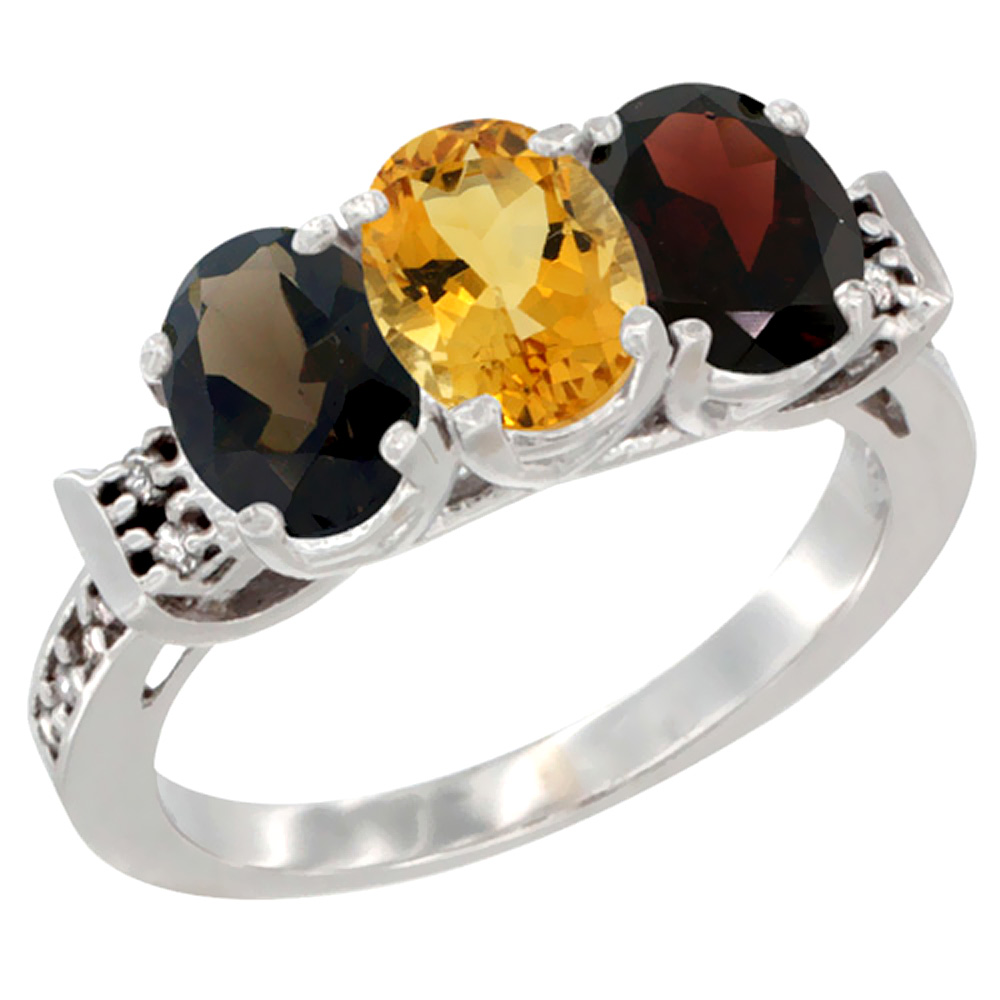 14K White Gold Natural Smoky Topaz, Citrine &amp; Garnet Ring 3-Stone Oval 7x5 mm Diamond Accent, sizes 5 - 10