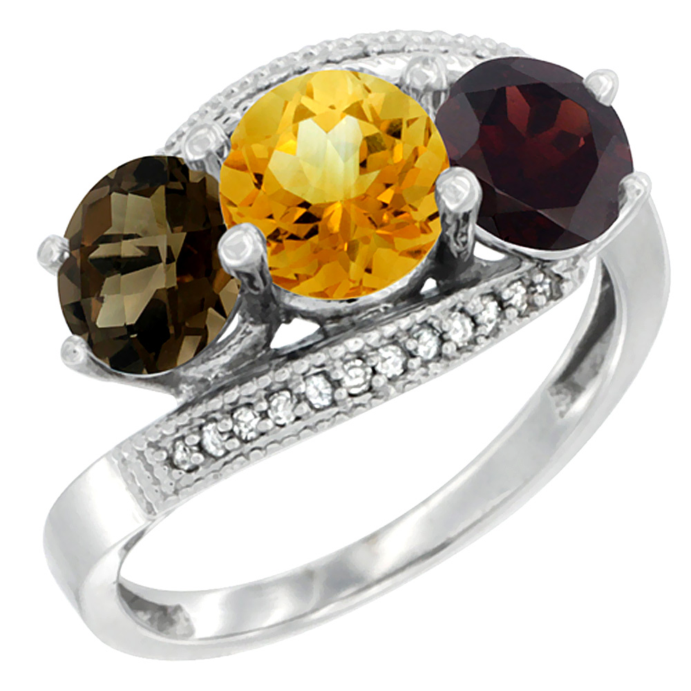 14K White Gold Natural Smoky Topaz, Citrine &amp; Garnet 3 stone Ring Round 6mm Diamond Accent, sizes 5 - 10